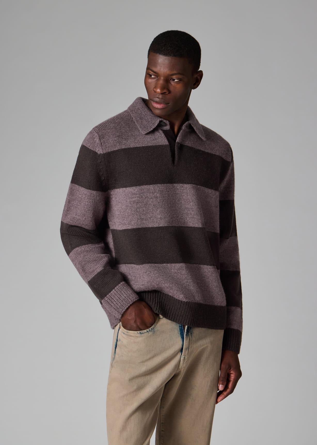 Men's Mauve Block Stripe Knitted Polo Sweater