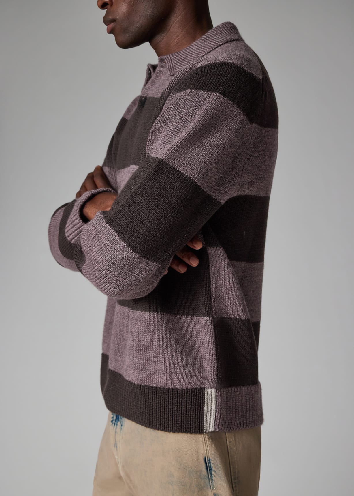 Men's Mauve Block Stripe Knitted Polo Sweater
