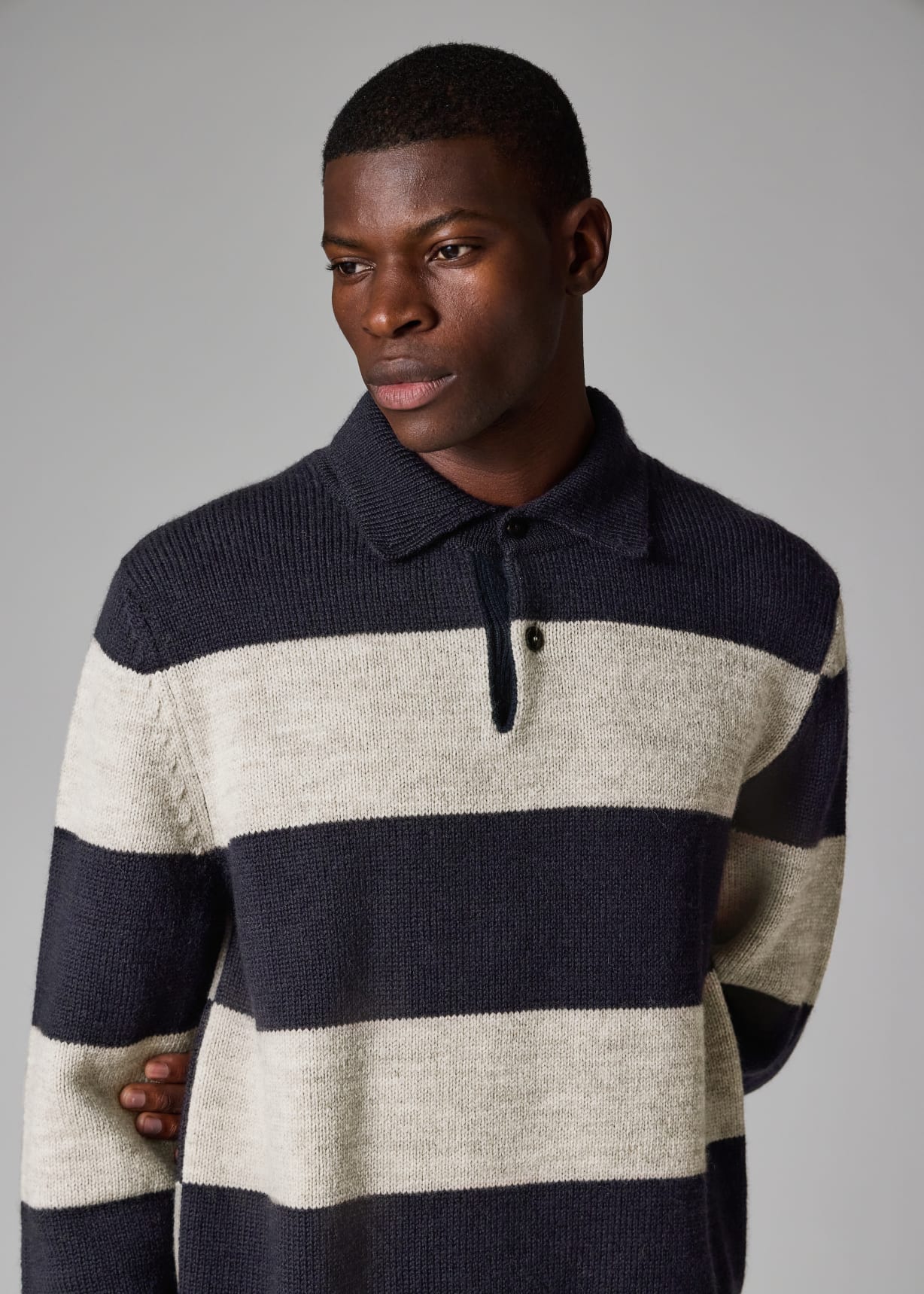 Men's Navy Block Stripe Knitted Polo Sweater