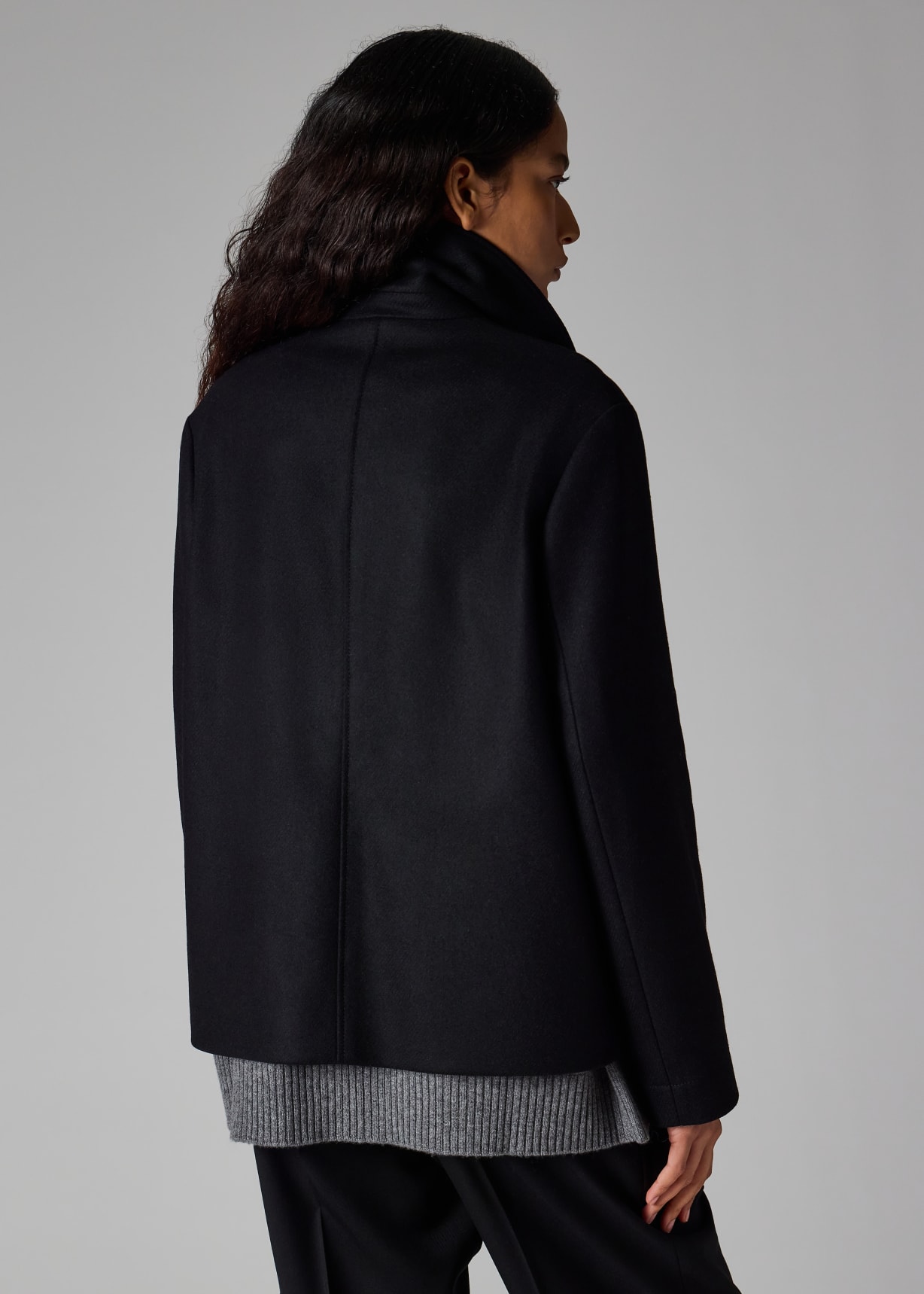 Women's Black Wool-Cashmere Blend Short Pea Coat