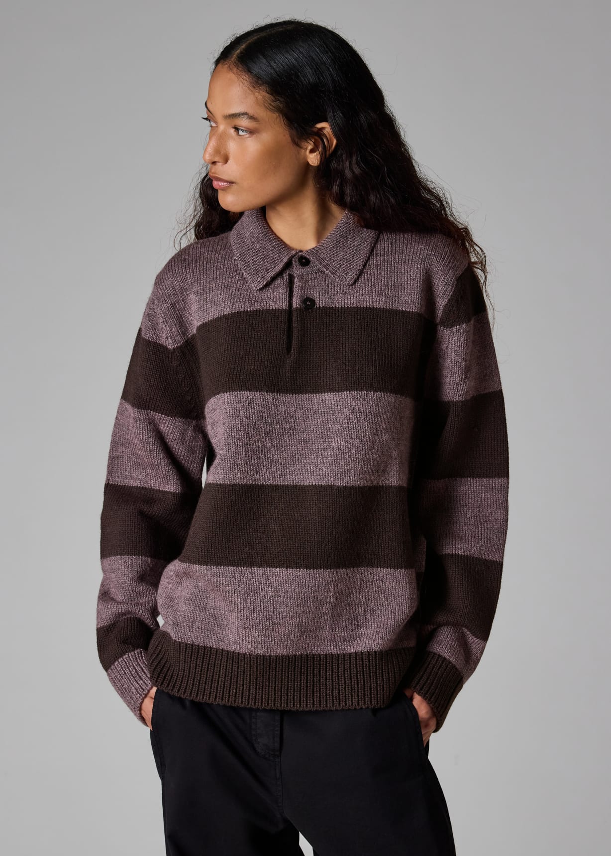 Men's Mauve Block Stripe Knitted Polo Sweater