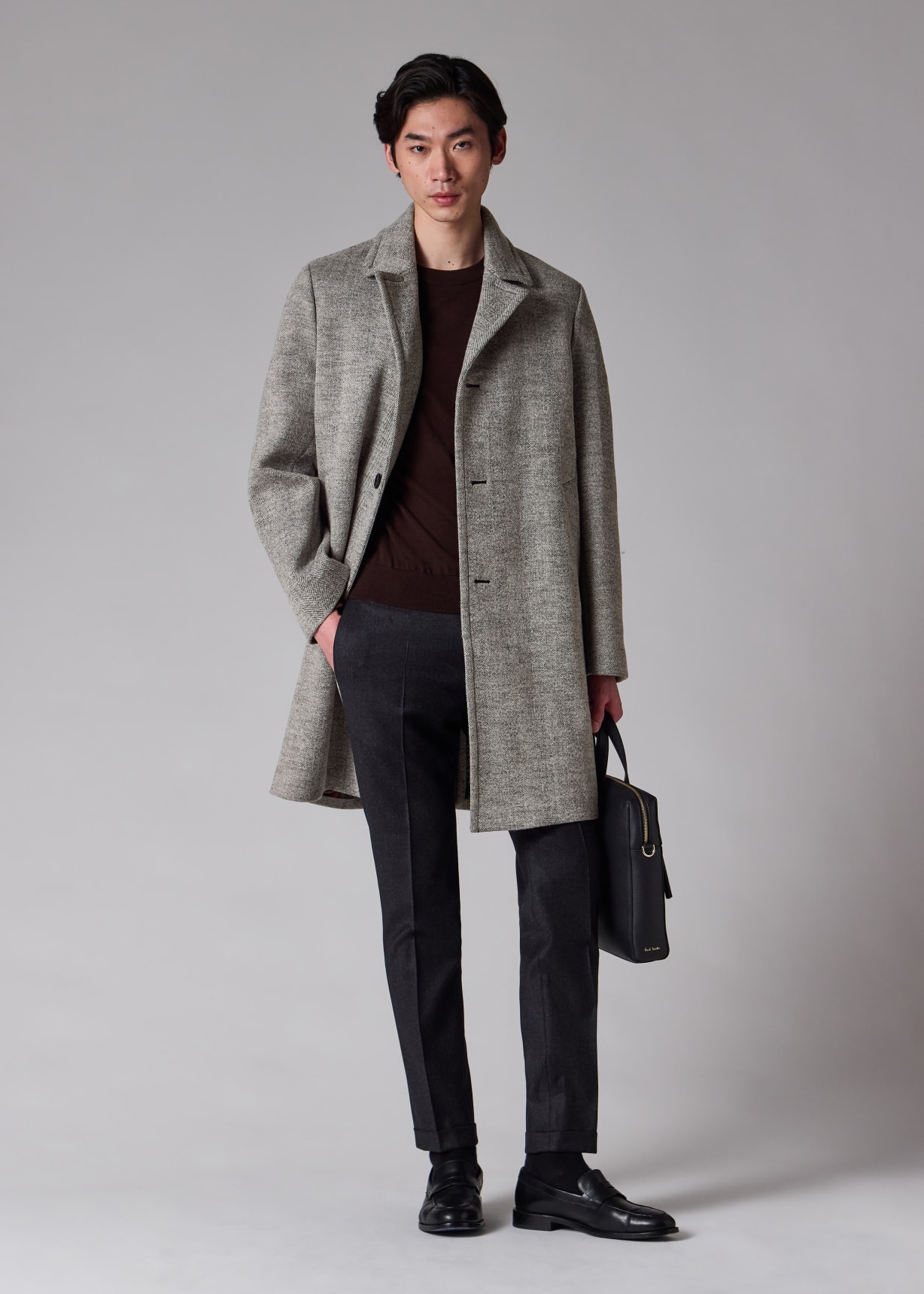 Men's Grey Tumbled Herringbone Wool-Blend Overcoat
