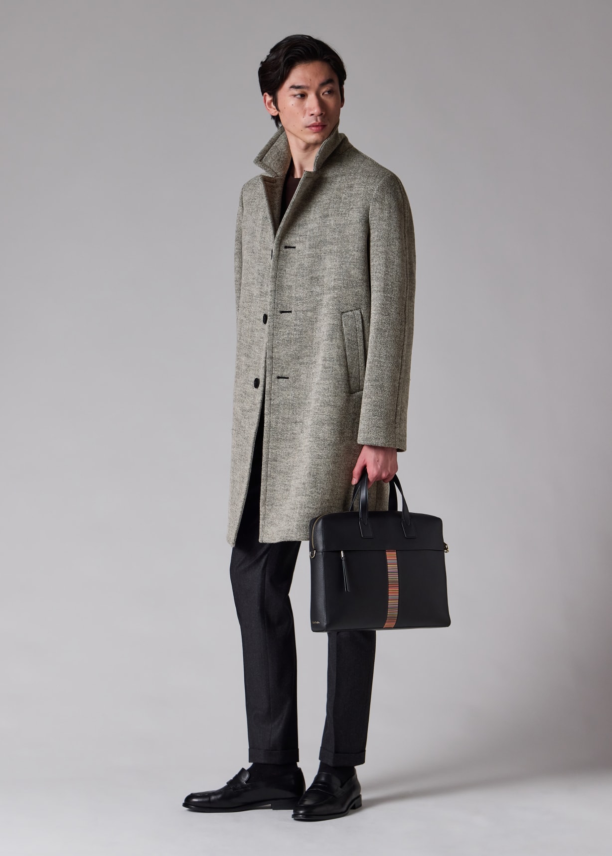 Men's Grey Tumbled Herringbone Wool-Blend Overcoat