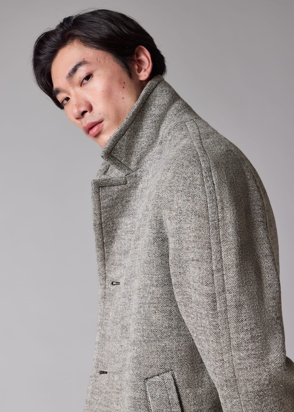 Men's Grey Tumbled Herringbone Wool-Blend Overcoat