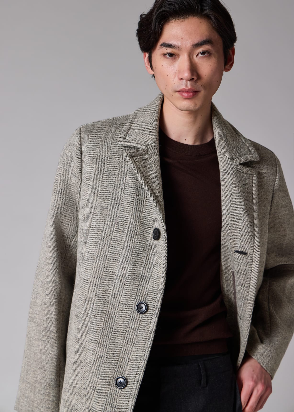 Men's Grey Tumbled Herringbone Wool-Blend Overcoat