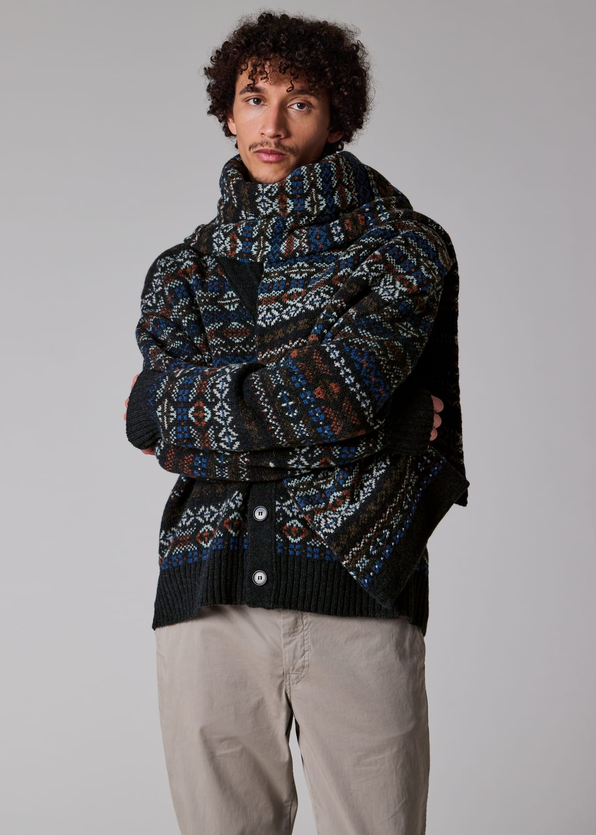 Men's Navy Fair Isle Wool Cardigan