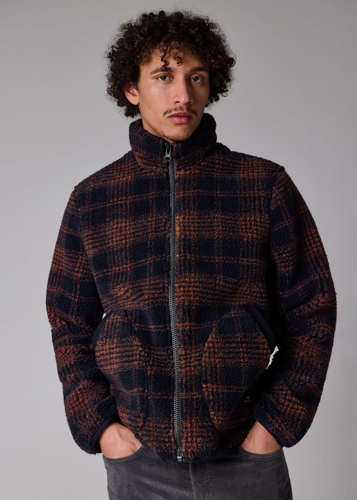 Paul Smith チェック柄ジャケット Men's Navy and Orange Check Zip Fleece Jacket