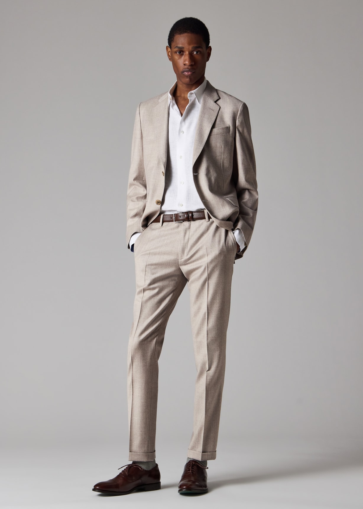 Men's Tailored-Fit Beige Overdyed Wool-Cashmere Flannel Blazer