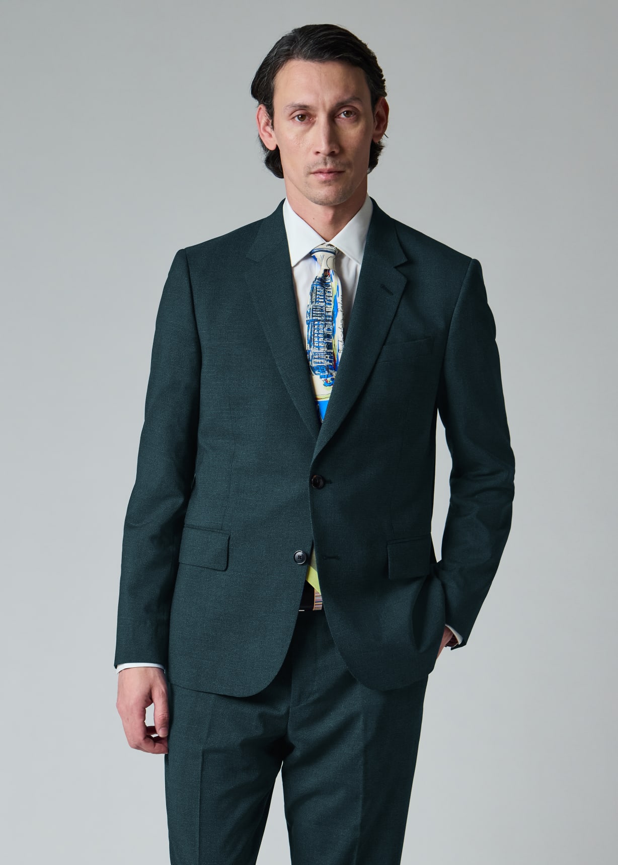 Men's Tailored-Fit Teal Micro Houndstooth Wool Suit
