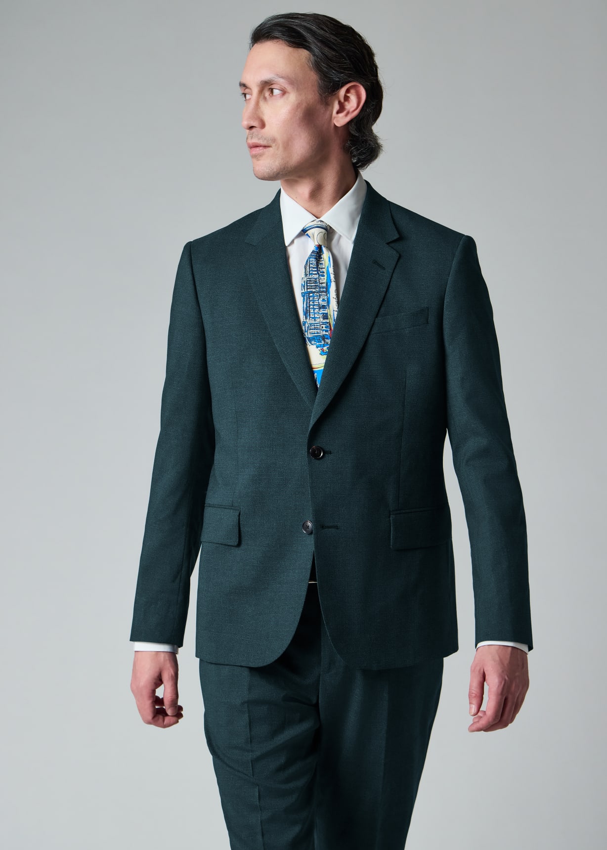 Men's Tailored-Fit Teal Micro Houndstooth Wool Suit