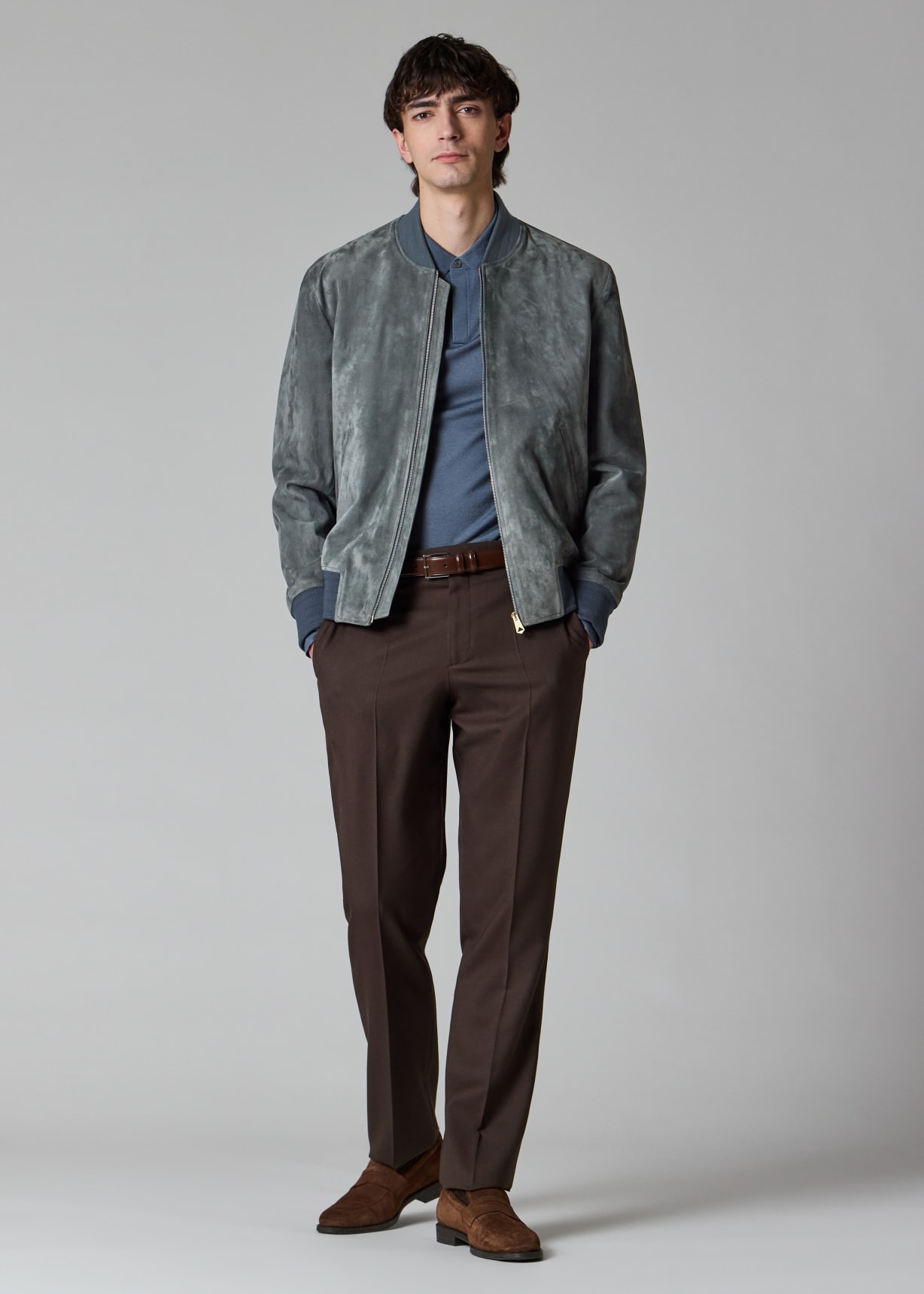 Men's Steel Blue Suede Bomber Jacket