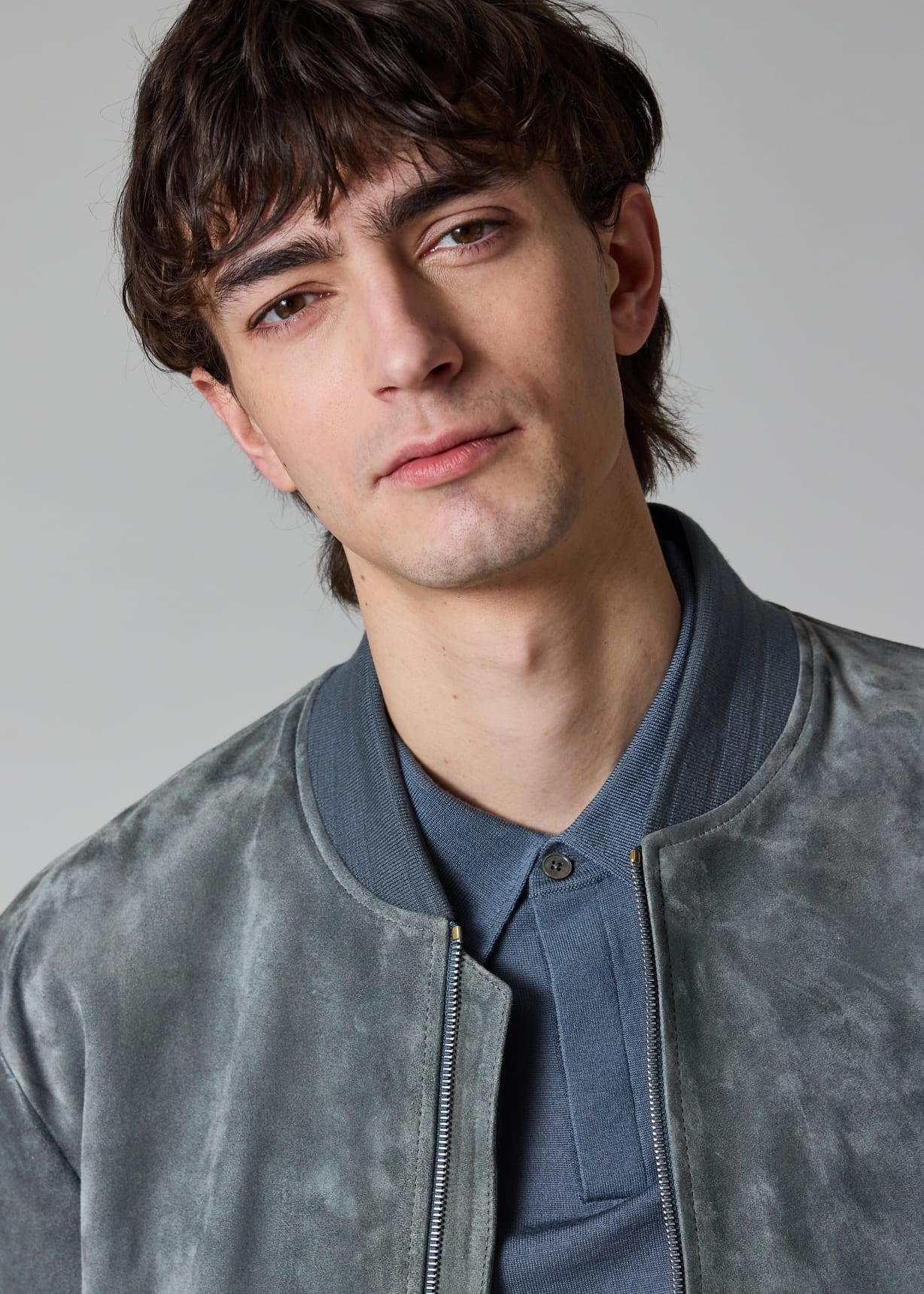 Men's Steel Blue Suede Bomber Jacket