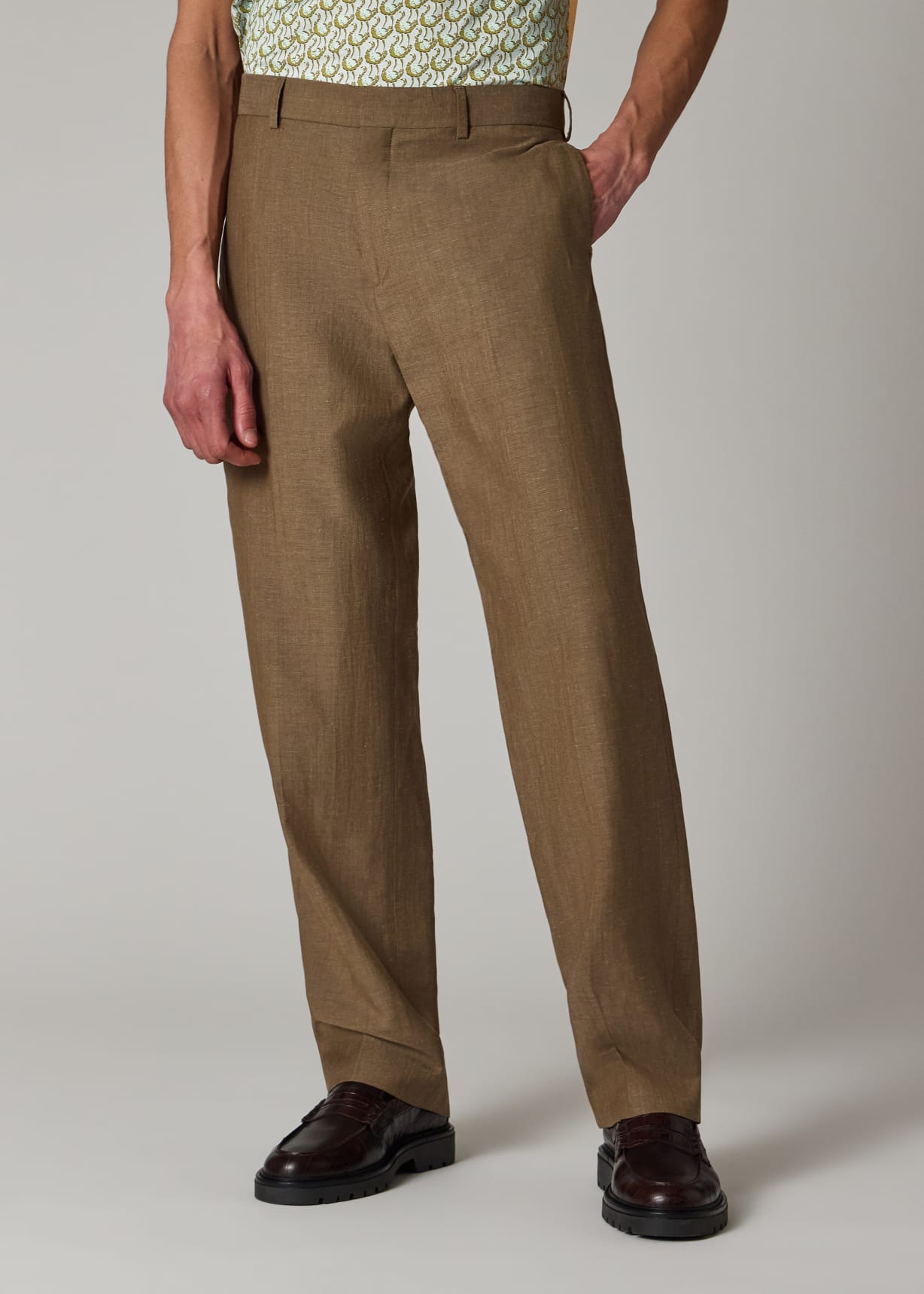 Men's Straight-Fit Sand Brown Wool and Linen-Blend Trousers