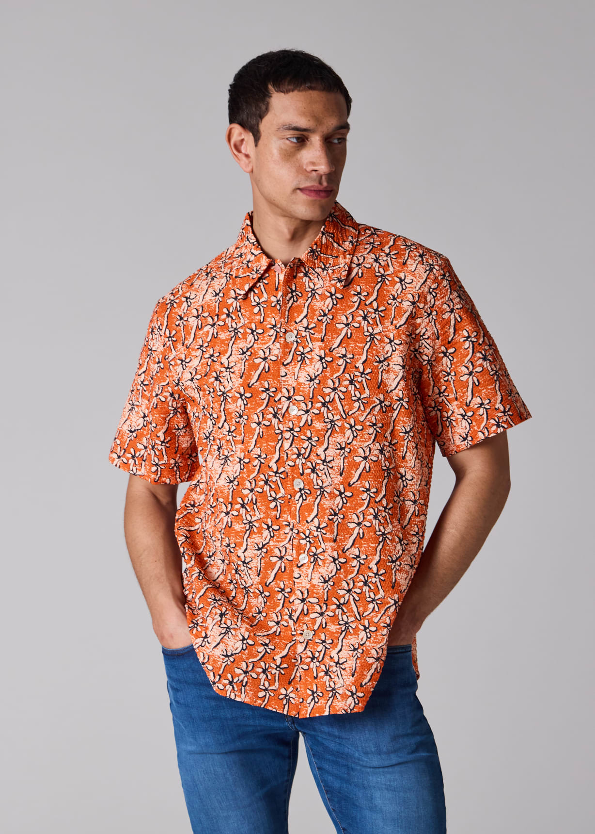 Men's Orange 'Field Floral' Cotton Seersucker Shirt