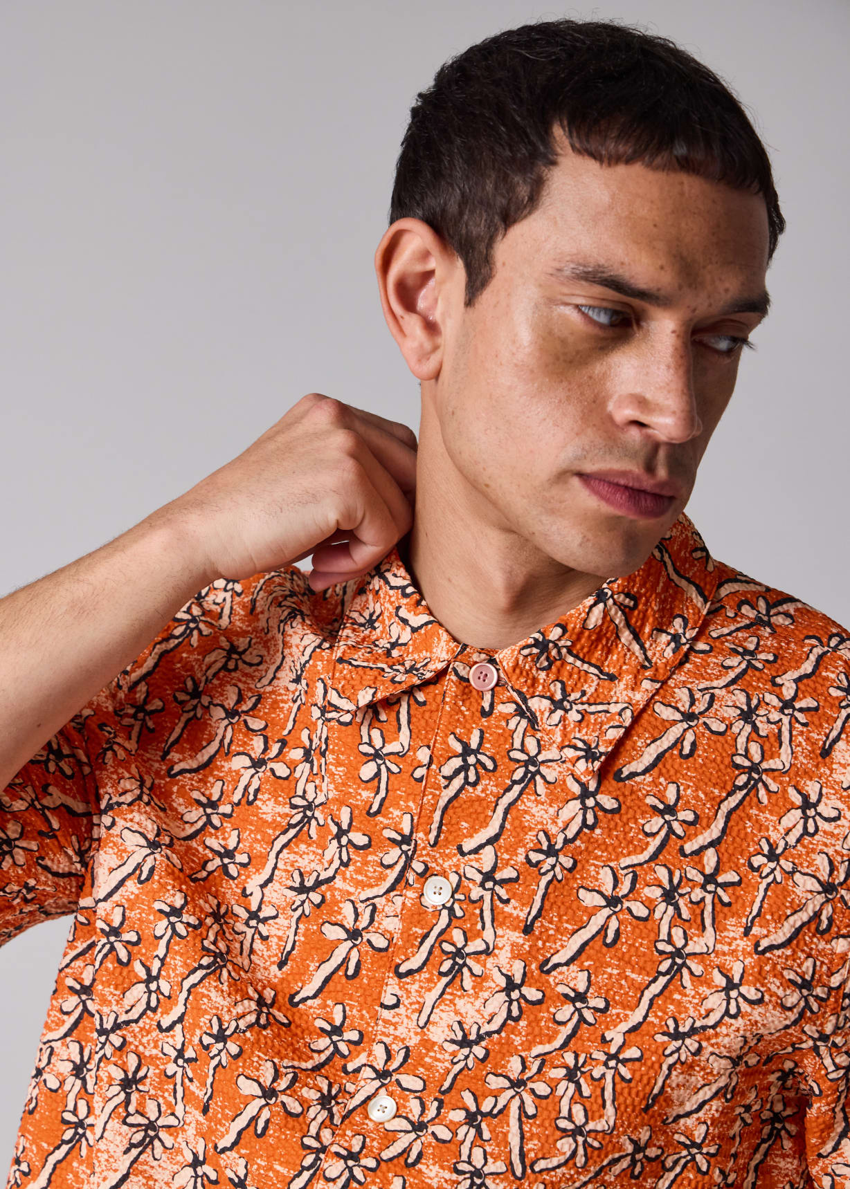 Men's Orange 'Field Floral' Cotton Seersucker Shirt