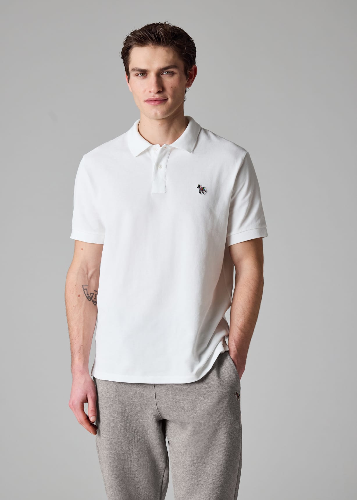 Men's White Cotton-Piqué Zebra Logo Polo Shirt
