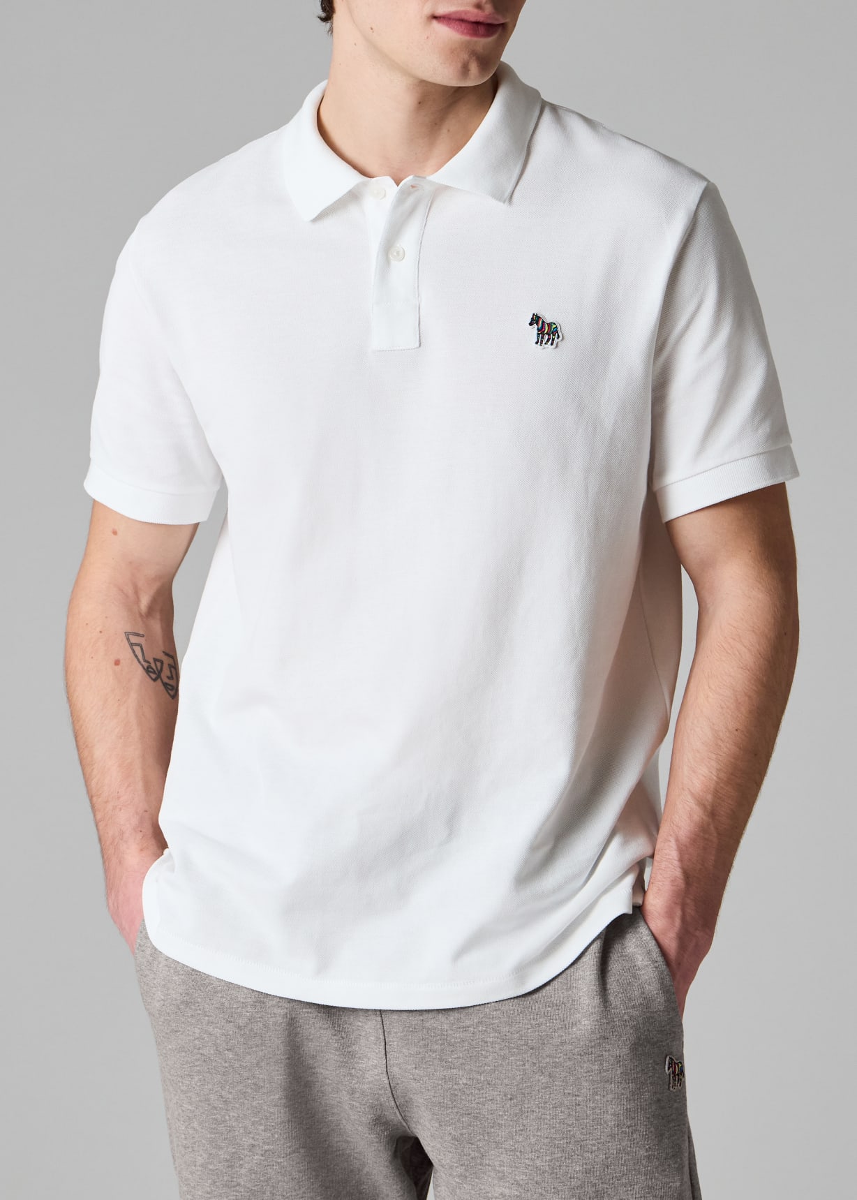 Men's White Cotton-Piqué Zebra Logo Polo Shirt