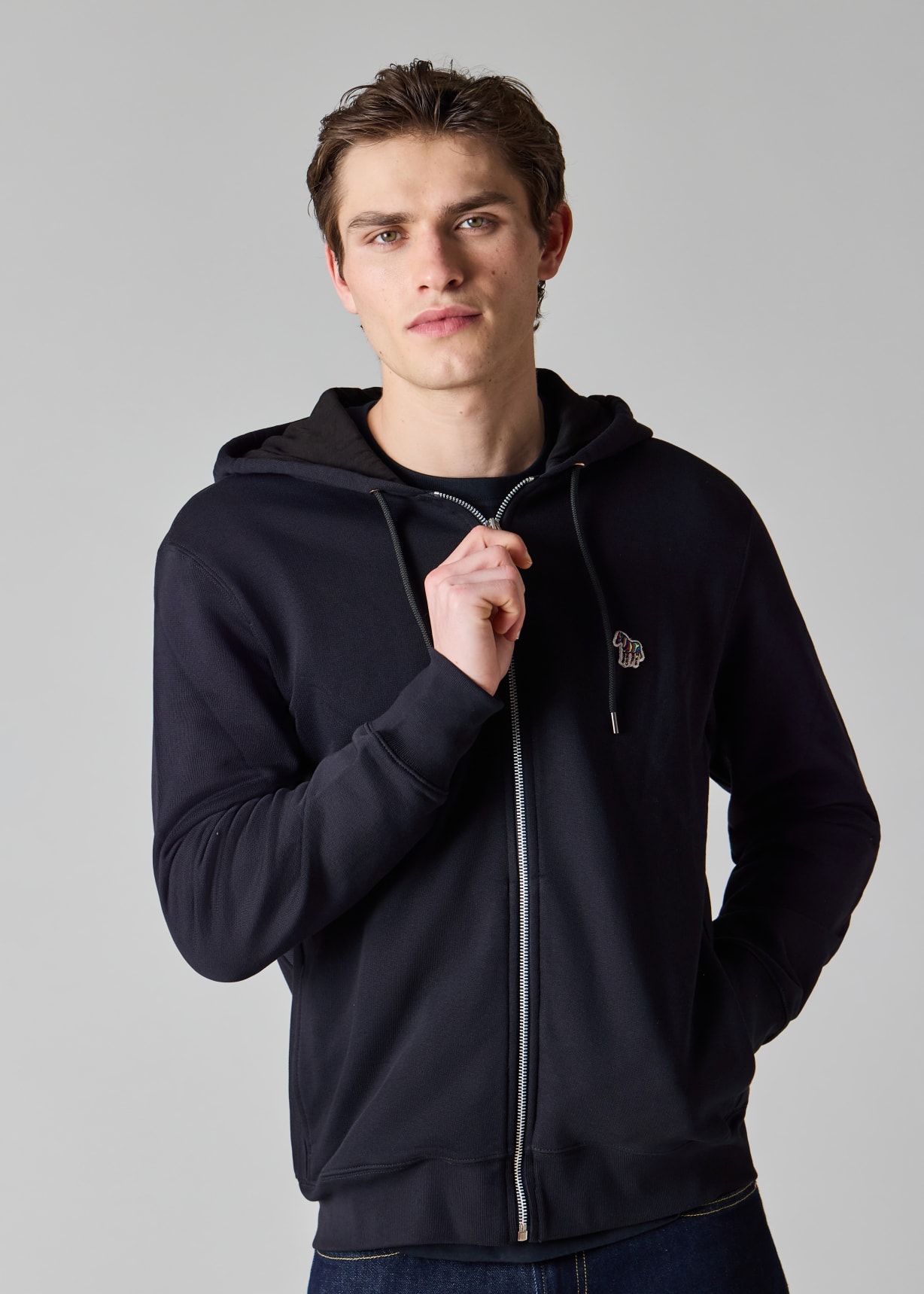 Men's Dark Navy Cotton Zip-Front Zebra Logo Hoodie