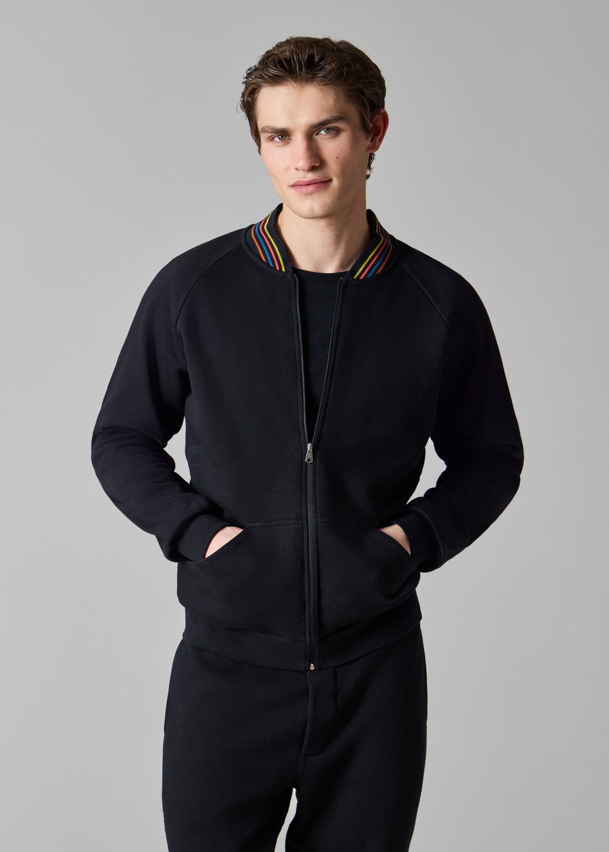 Men's Black Cotton 'Artist Stripe' Zip Lounge Top