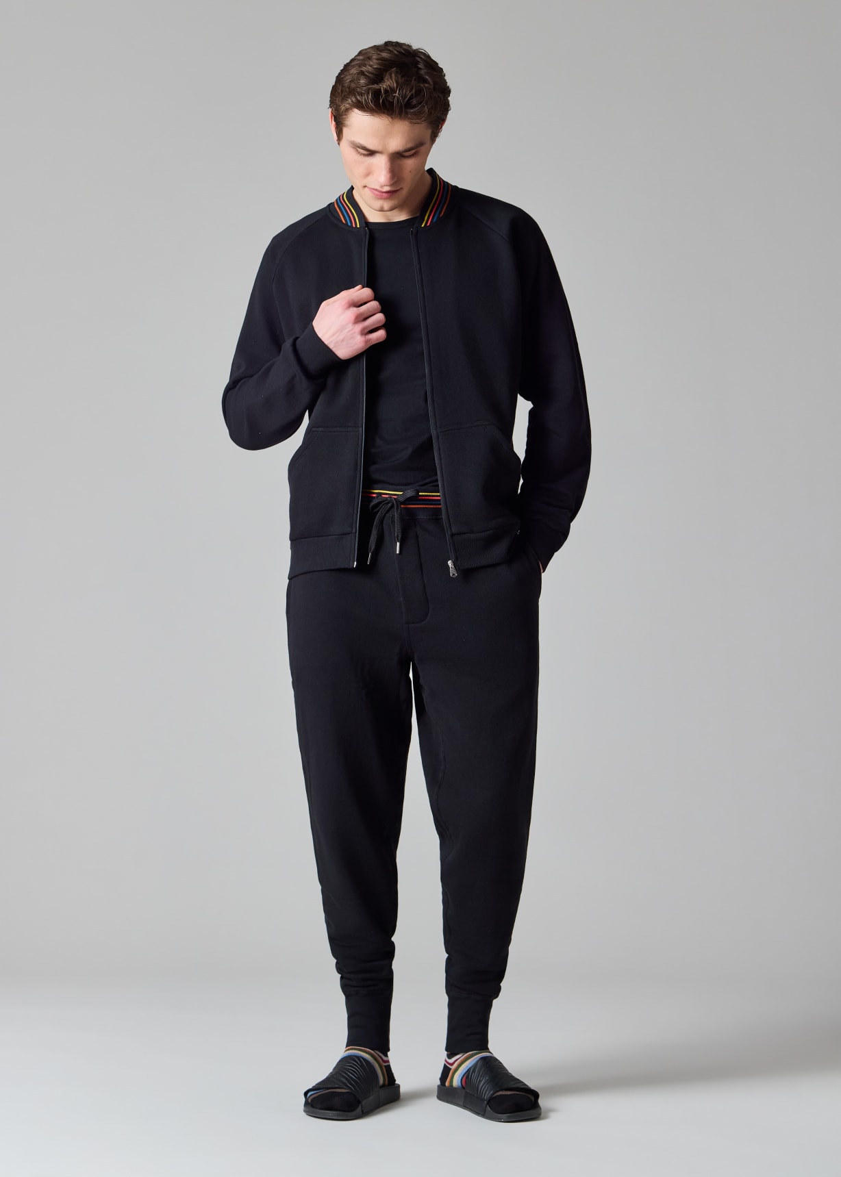 Men's Black Cotton 'Artist Stripe' Zip Lounge Top