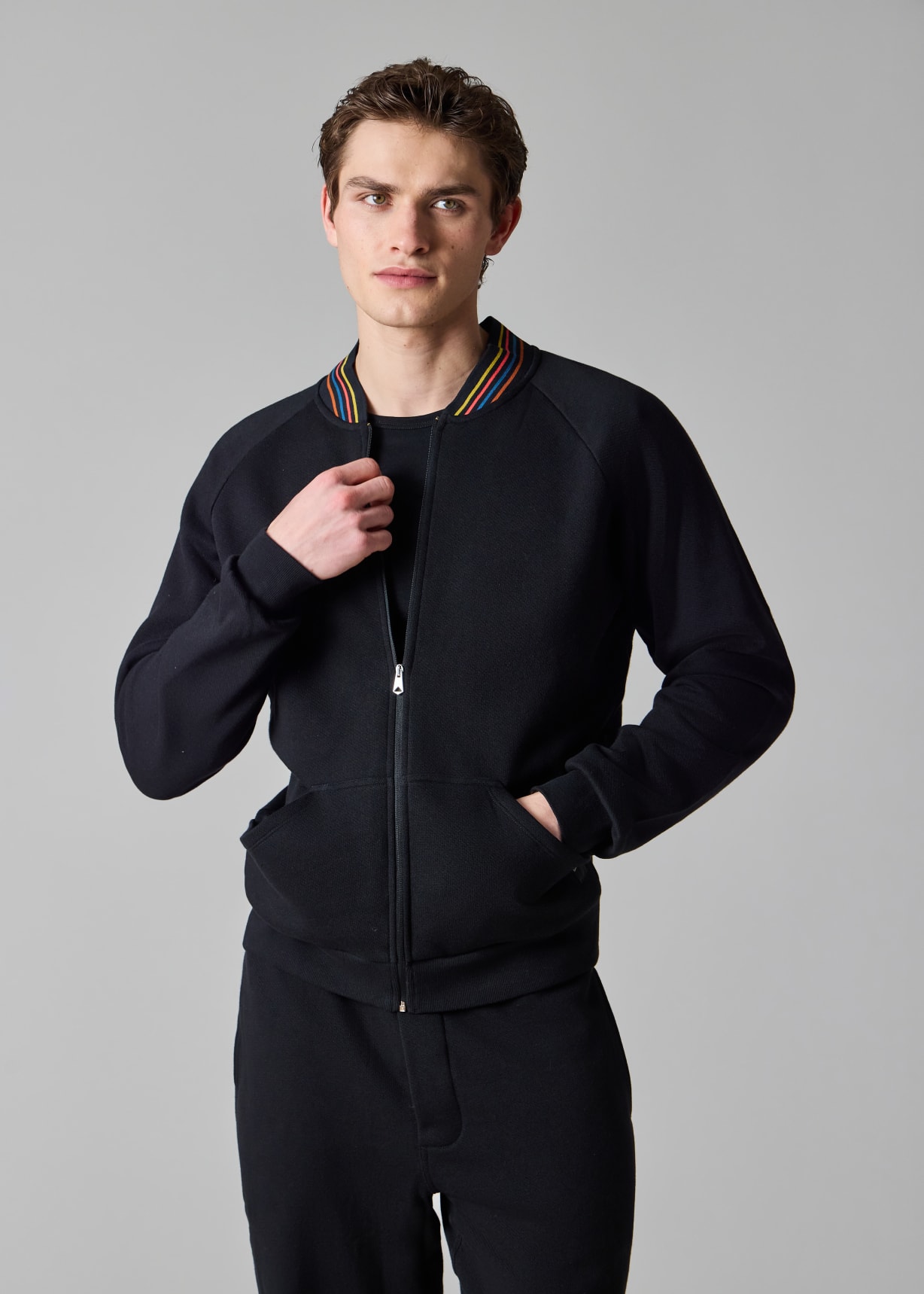 Men's Black Cotton 'Artist Stripe' Zip Lounge Top