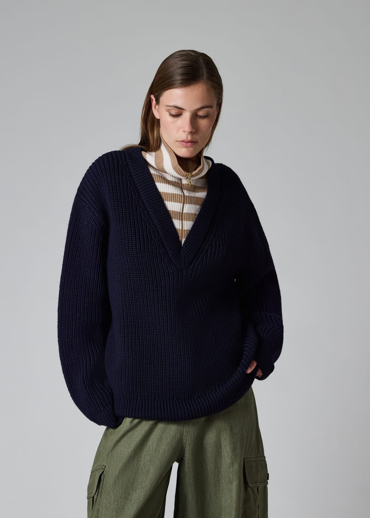 Women's Navy Blue Stripe Zip Neck Sweater