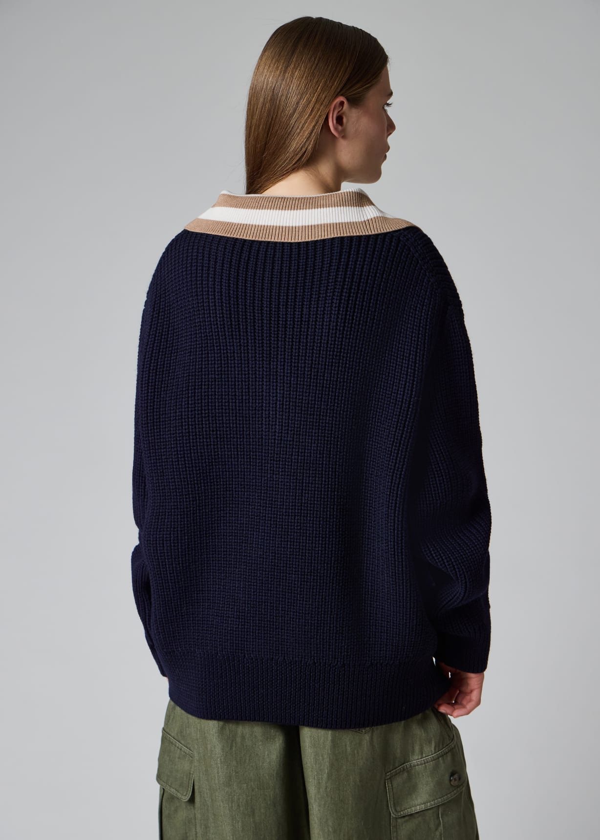 Women's Navy Blue Stripe Zip Neck Sweater