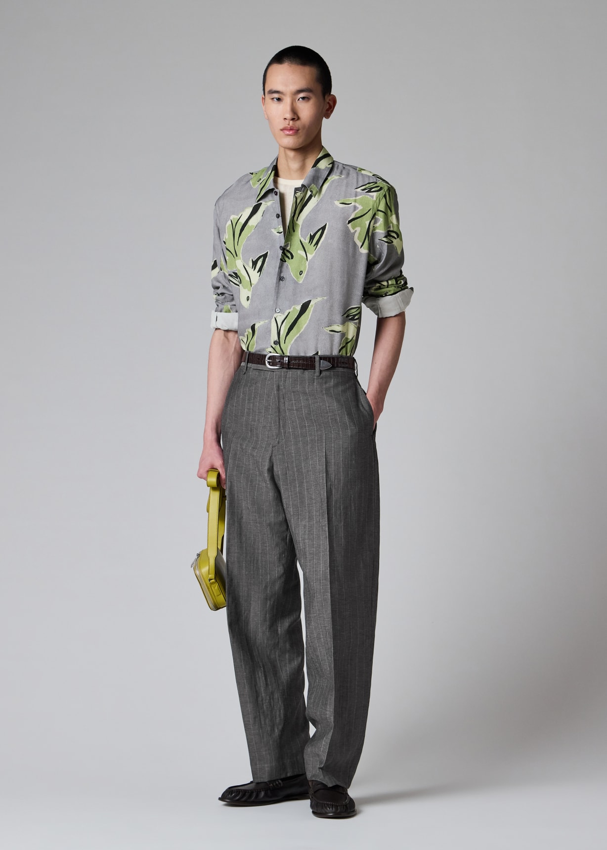 Men's Relaxed-Fit Grey Wool-Linen Pinstripe Trousers