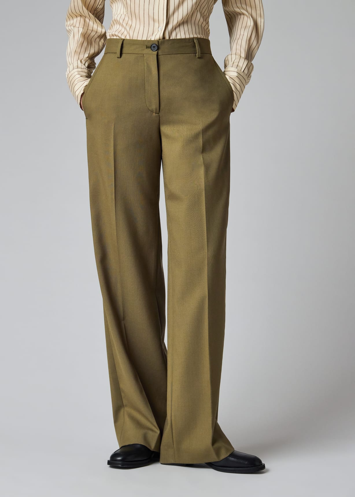 Women's Olive Wool Hopsack Wide-Leg Trousers