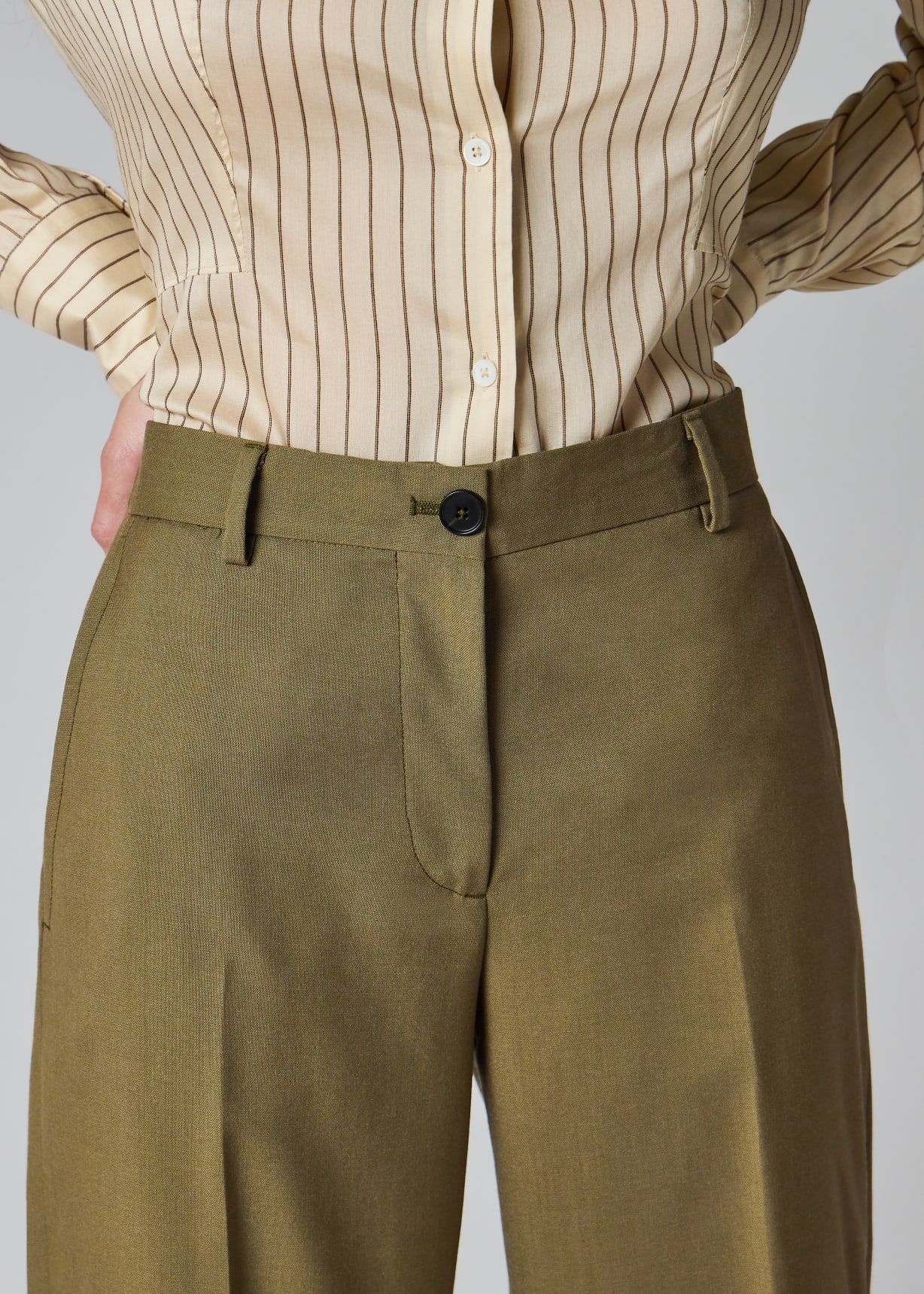 Women's Olive Wool Hopsack Wide-Leg Trousers