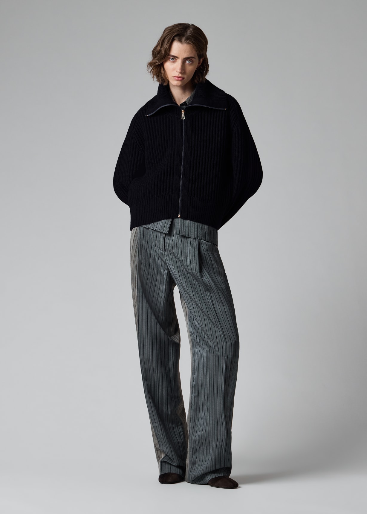Women's Grey and Blue Mixed Stripe Wide-Leg Trousers