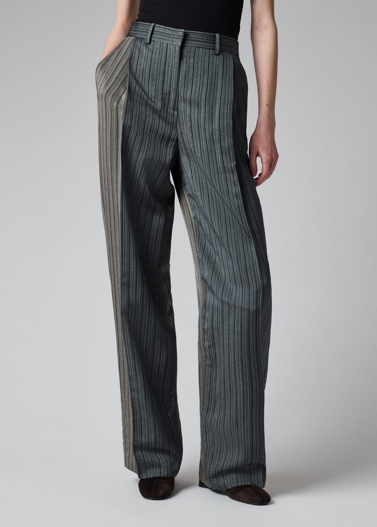 Women's Grey and Blue Mixed Stripe Wide-Leg Trousers