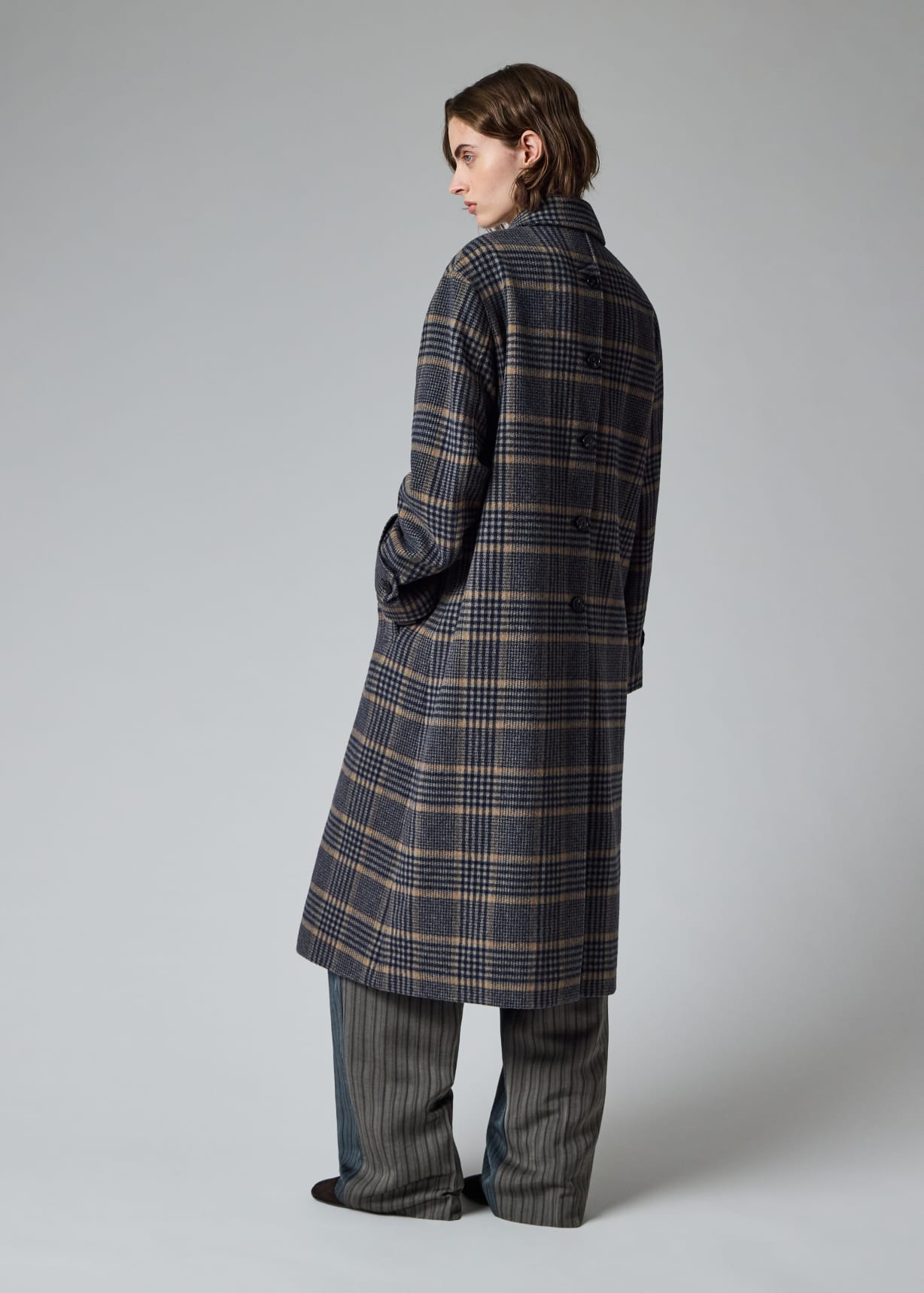 Women's Navy and Grey Check Brushed Wool Coat with Back Buttons
