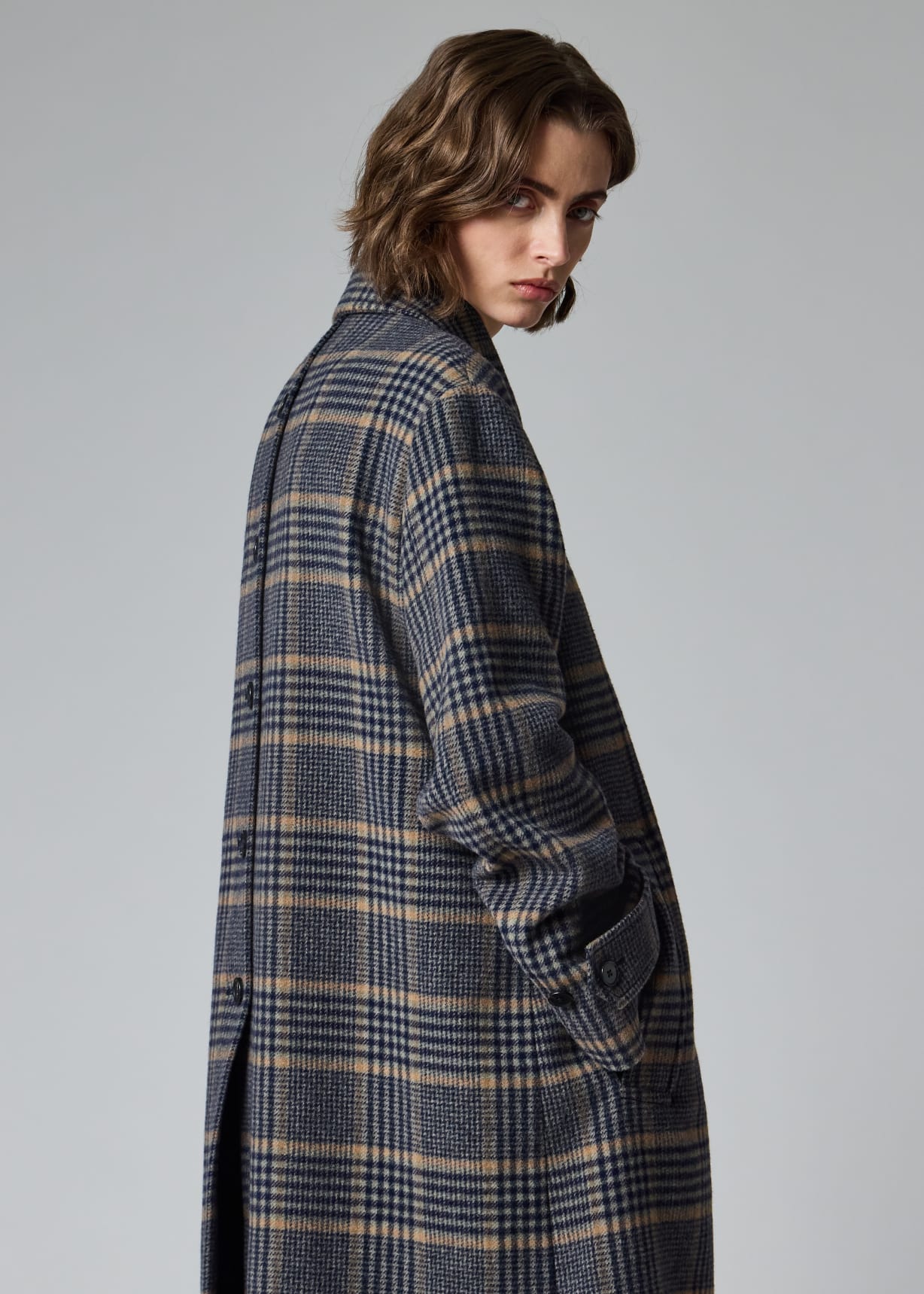Women's Navy and Grey Check Brushed Wool Coat with Back Buttons