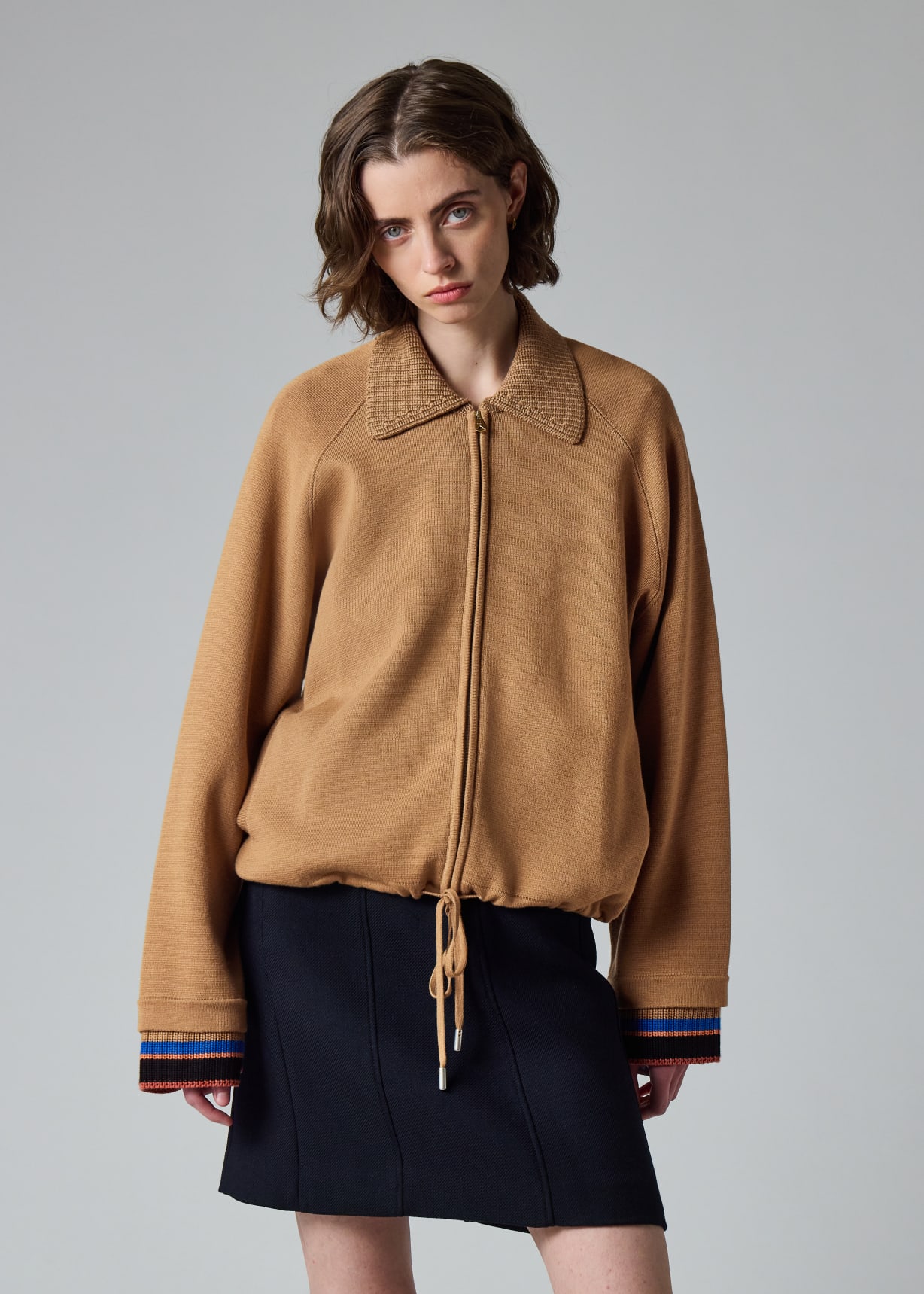 Women's Camel Knitted Jacket with Stripe Cuffs