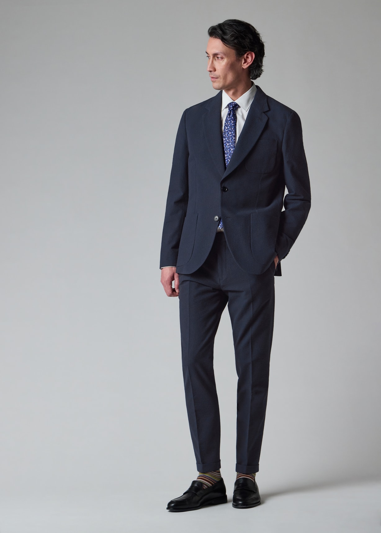 Paul Smith ネイビー スーツ Men's Navy Cotton-Blend Seersucker Stripe Suit