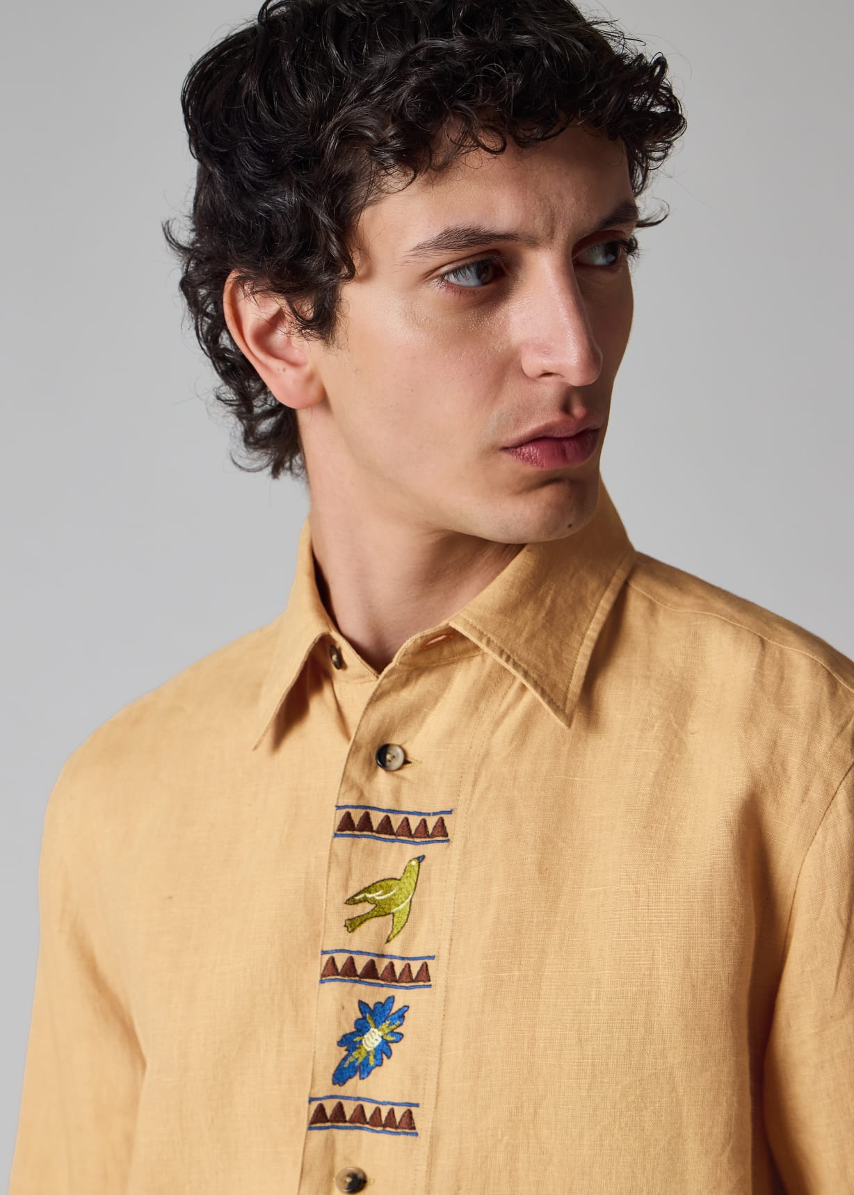Men's Peach Linen Embroidered Shirt