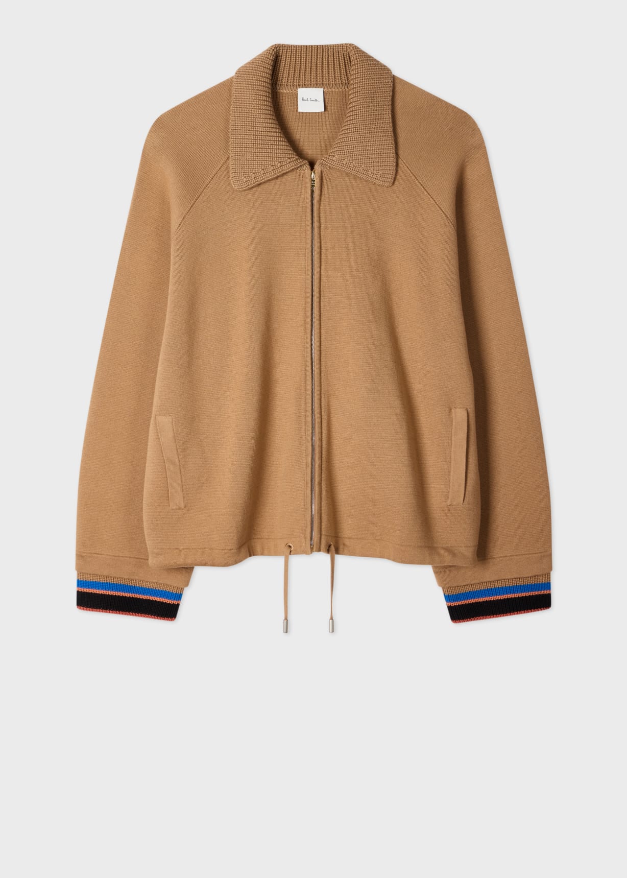 Women's Camel Knitted Jacket with Stripe Cuffs