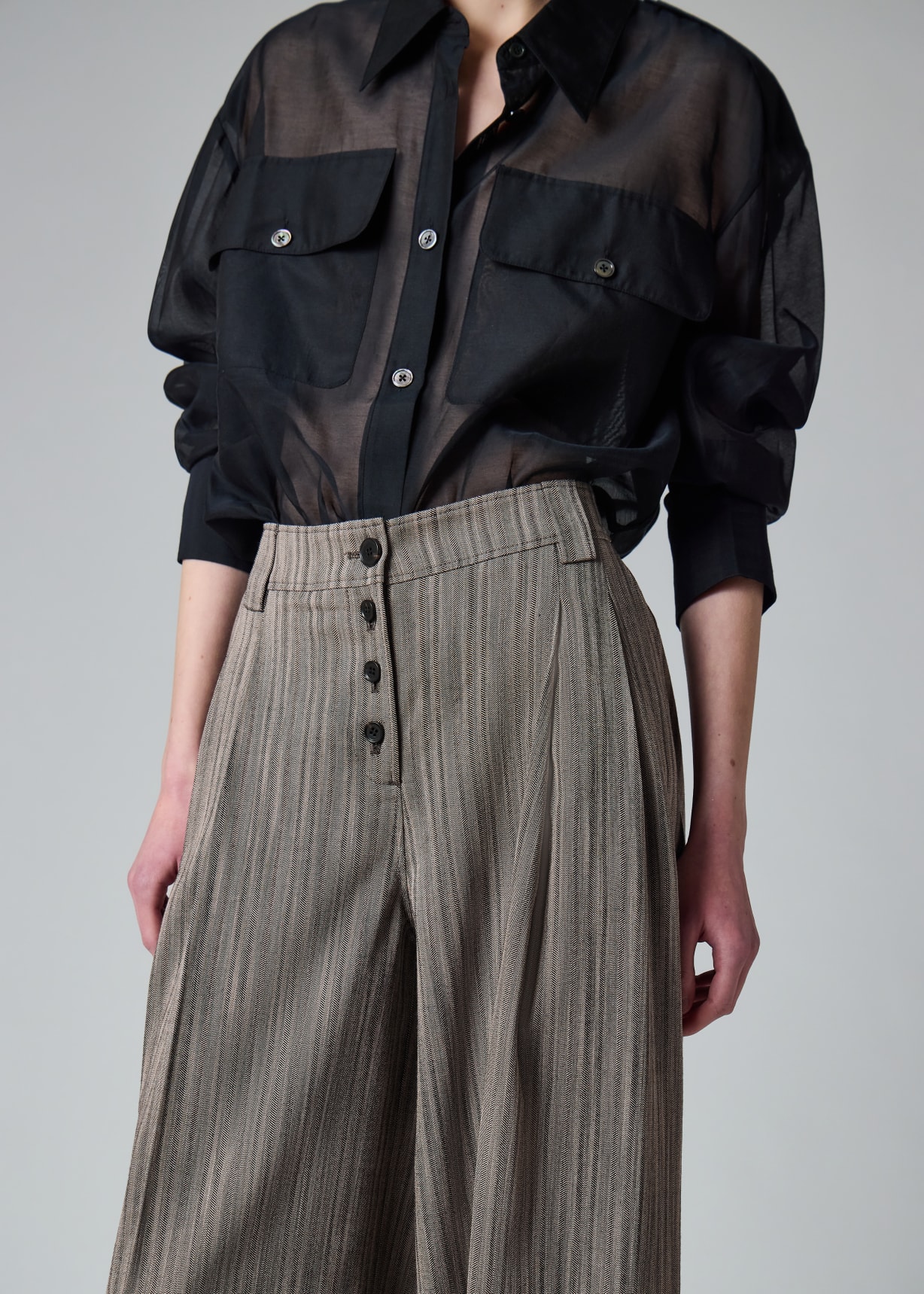 Women's Grey Herringbone Wide-Leg Pleated Trousers