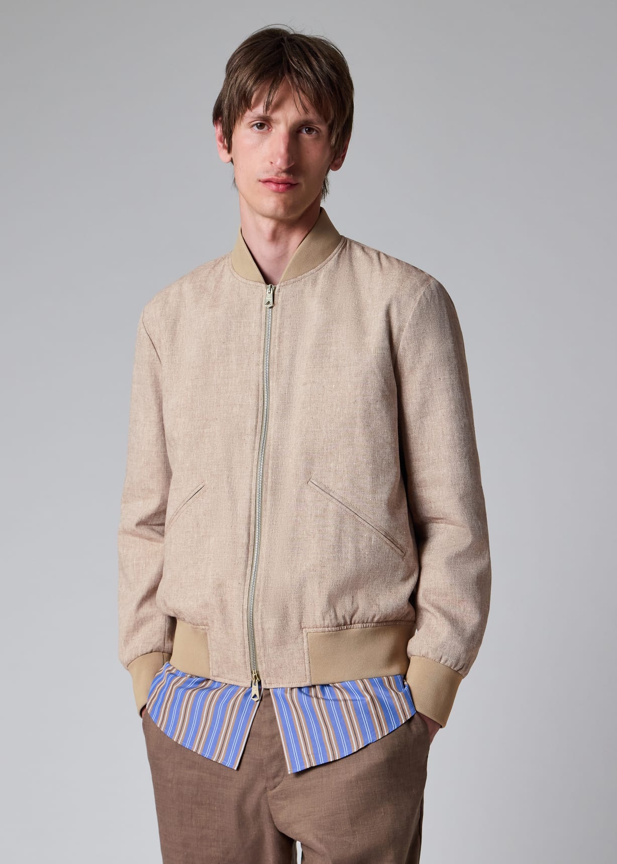 Men's Sand Linen-Silk Bomber Jacket