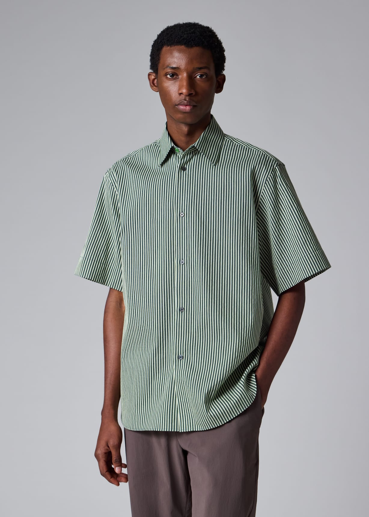 Men's Green Stripe Oversized Cotton-Silk Shirt