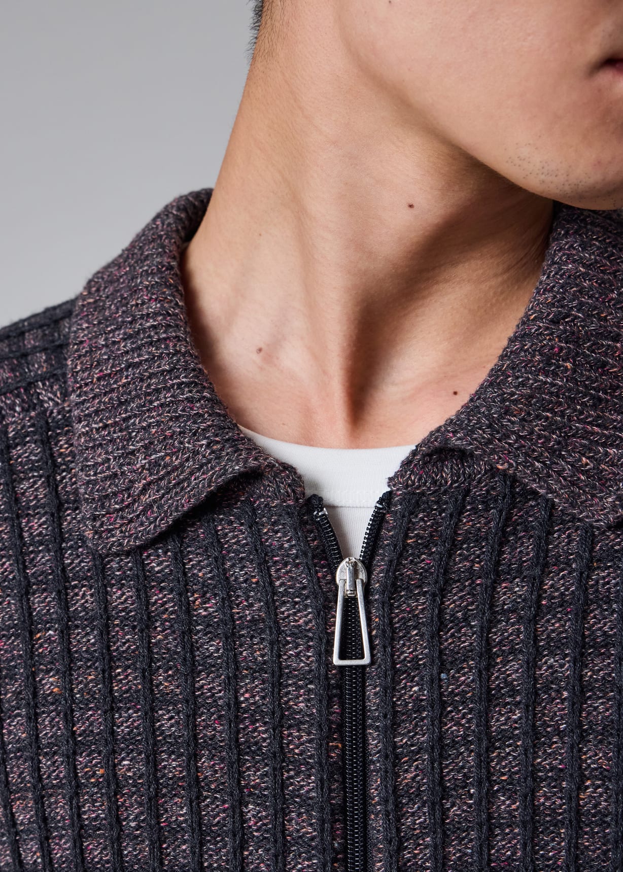 Men's Grey and Blue Cotton-Blend Zip Cardigan