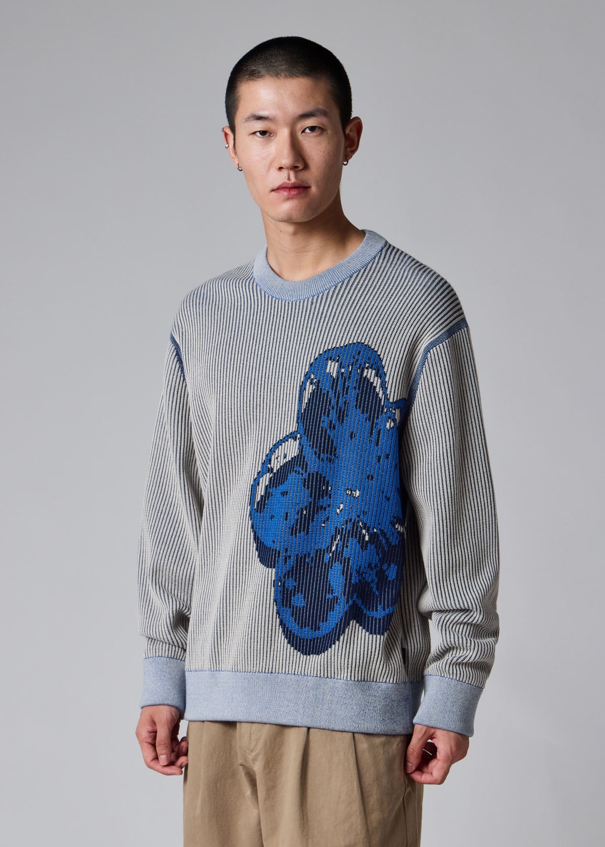 Men's Grey and Blue 'Zine Floral' Cotton Sweater