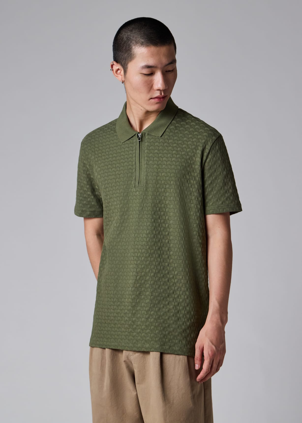 Men's Khaki Textured Cotton Zip-Neck Polo Shirt