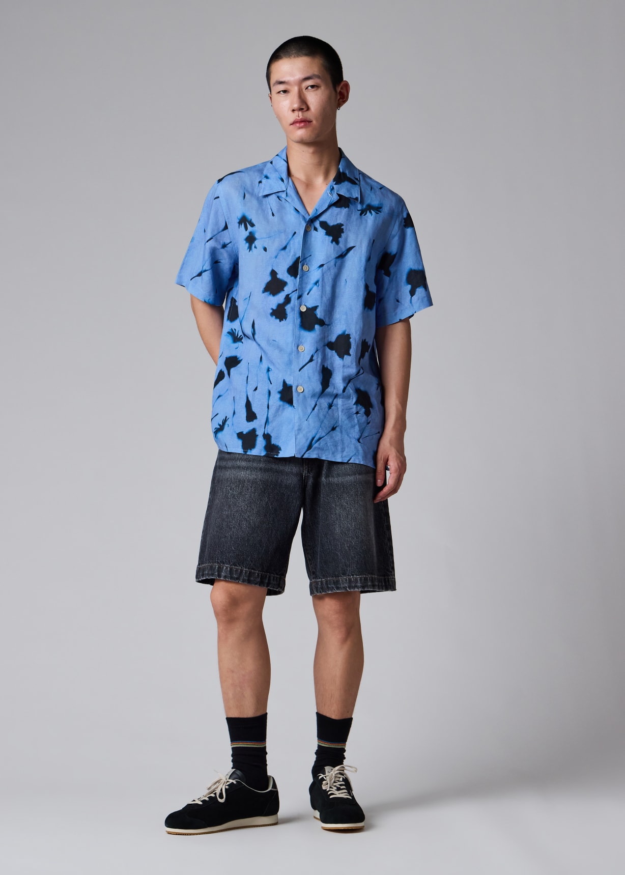 極美品 PS Paul Smith リネン100%シャツM 裏花柄 ブルー Blue 'Cynotype Floral' Linen-Blend Shirt Paul Smith
