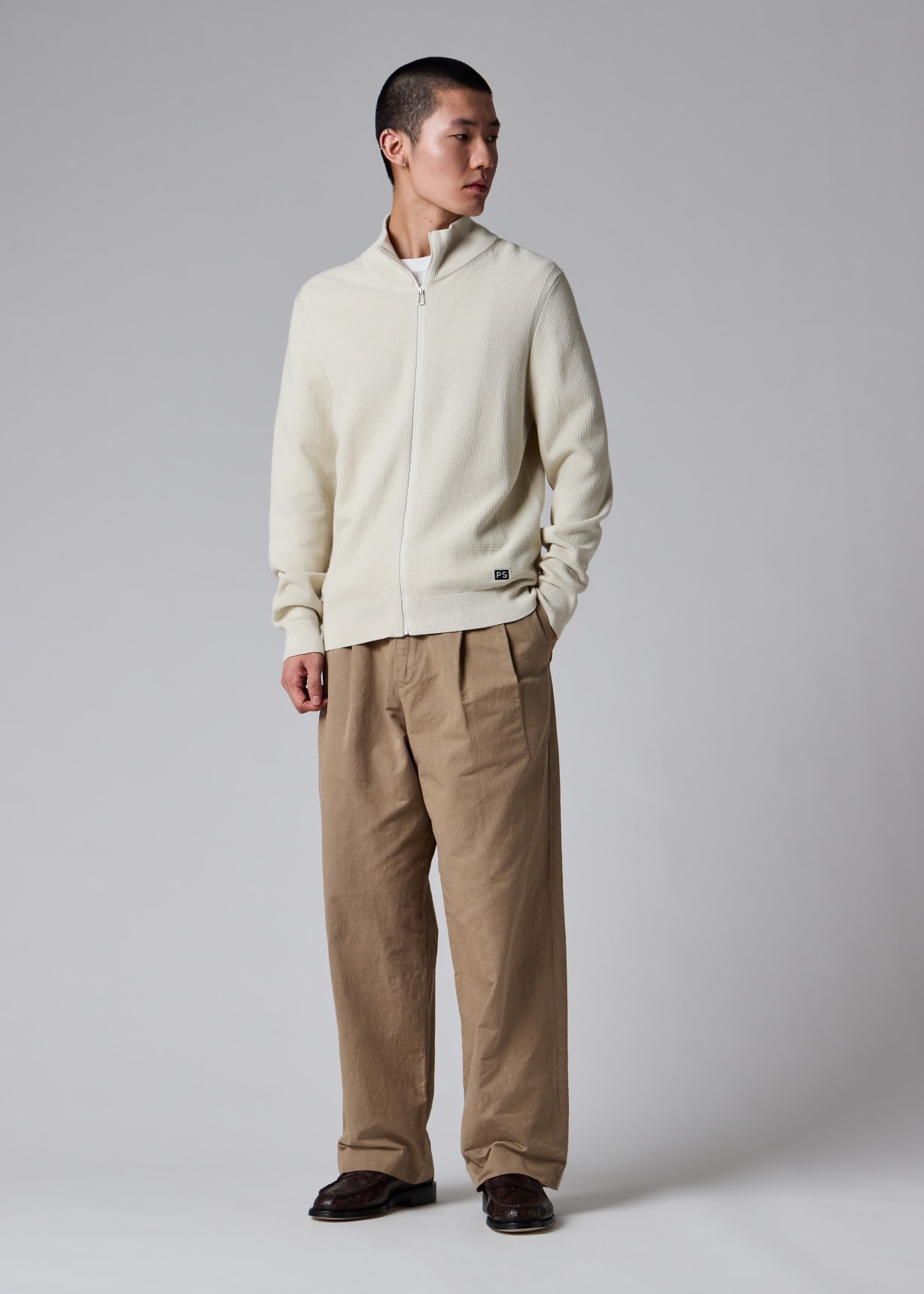 Men's Cream Textured-Cotton Zip Cardigan