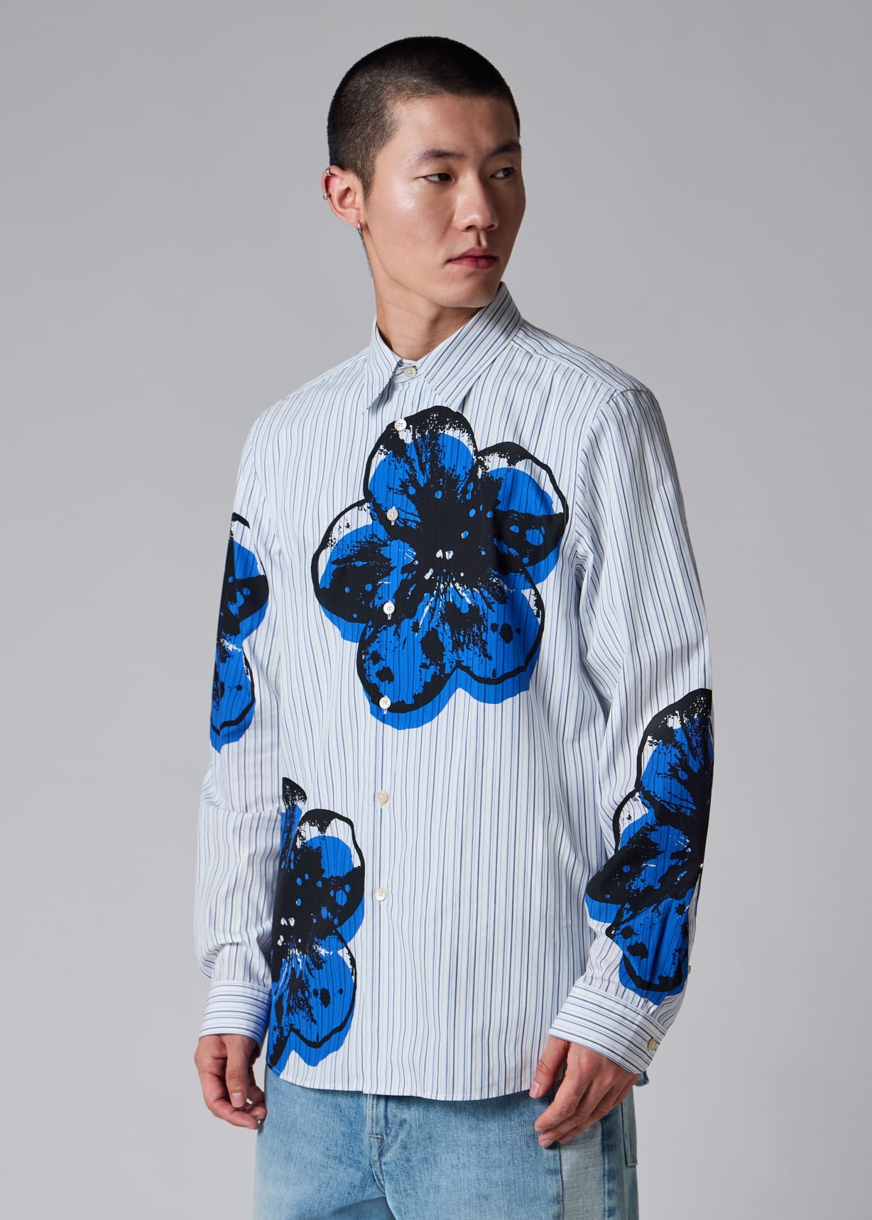 Men's Blue Stripe 'Zine Floral' Print Shirt