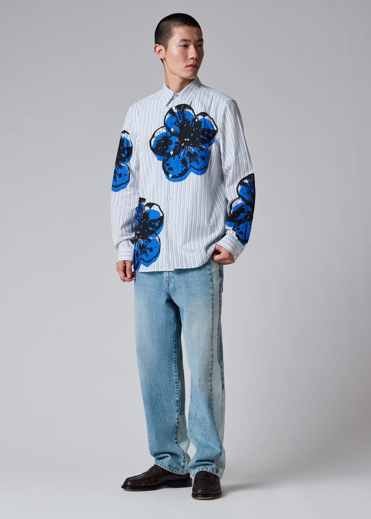 Men's Blue Stripe 'Zine Floral' Print Shirt