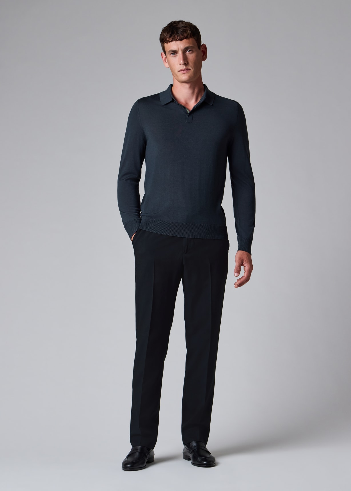 Men's Navy Two-Ply Hopsack Wool Elasticated-Waist Trousers