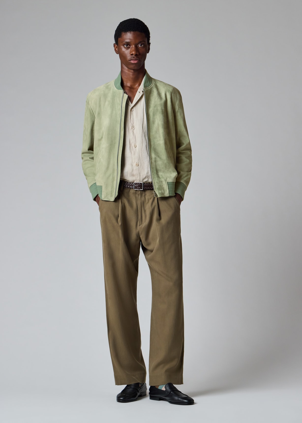 Light Green Suede Bomber Jacket